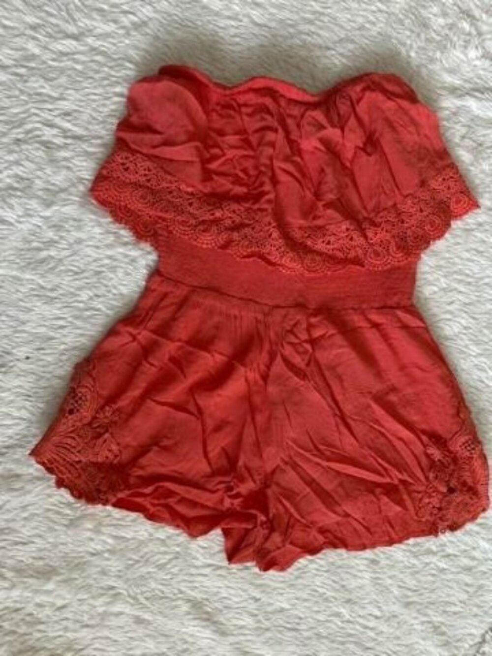 Derek Heart strapless lace trim gauze like material orange/coral Romper Medium